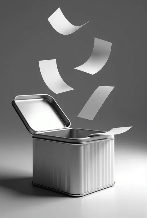 there is a black and white photo of a open square tin box ,papers flying off from inside the box, an ambient occlusion render by Michael Goldberg, featured on behance, computer art, on black background, musical notes, monochrome 3 d model, on a white backg...