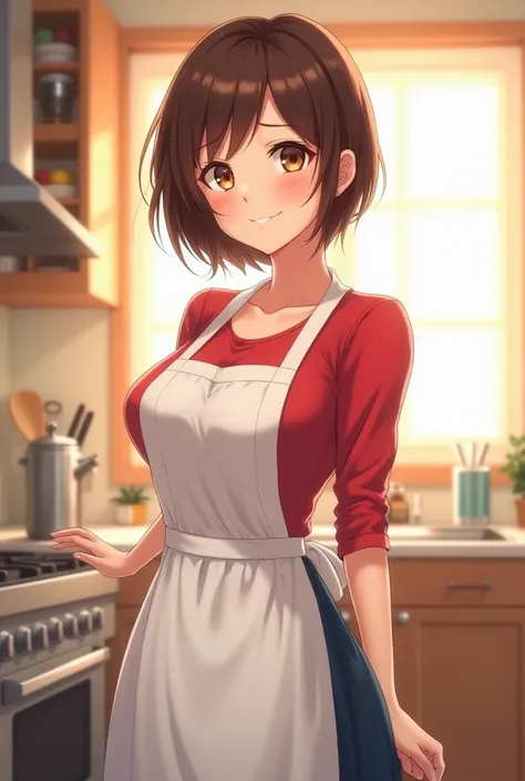 (Anime Art) mother,  housewife,  big breast,  short hair,  brown hair,  brown eyes,  smiling, red shirt, dark blue skirt,  white apron. ( kitchen background ) 