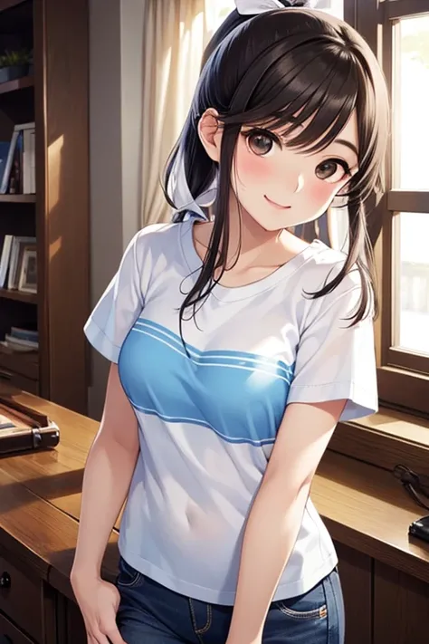 Takane Manaka, shiny brown long hair, pony tail with ribbon、beautiful brown eyes, smiling face, sparkling pupils, (fine grain), highly detailed eyes, highly detailed face, highly detailed eyes,, (masterpiece:1.2, best quality), 1 girl, cowboy shot,, 


cow...