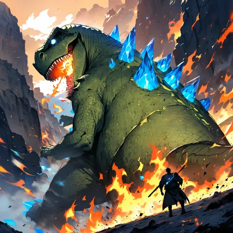  high resolution, Green dinosaur, gigante, with blue crystals on the back and fire in the mouth 