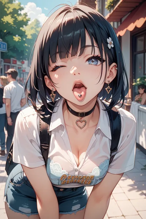 Overflowing　 sticking out the tongue 　 open your mouth　 tongue piercing　Meditate with one eye　 wink　fun　fine　30th Generation　Leaning forward a little　 black hair　 clear　 casual　cosplay uniform 　