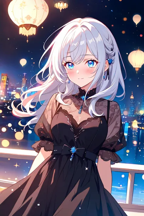 "Alya Mikhailovna Kujou from 'Alya Sometimes Hides Her Feelings in Russian' on February 17th. She has long silver hair and bright blue eyes, wearing an elegant black dress with delicate details. She is standing under the soft glow of city lights at night, ...