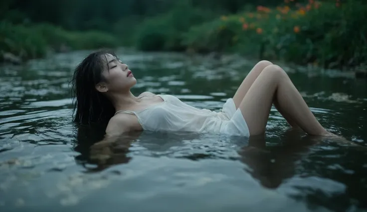 Professional photography, realistic, Wong Kar-Wai, photo of Asian woman lying in the river with eyes closed, she has long messy black hair, she is bathing and wearing a long white chiffon tank top with shorts, she has pretty makeup, background Nature, 4K r...