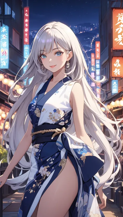 This is an illustration of an anime girl with a perfect hourglass figure, white hair and tanned Japanese skin in a new and vivid pose. She is wearing a kimono with graceful curves that reflect the golden ratio, adorned with a contemporary design that signi...