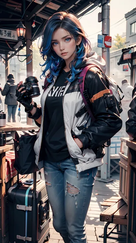  24-year-old White Woman 、 long eyelashes、 eyeshadow、 lip gloss、 Rainbow （rainbow）Hair Color、 blue eyes、 foggy skin battlefield cameraman 、 dslr camera with telephoto lens、fingertip gloves 、jacket with many pockets 、 skinny jeans、 sneakers、Camera Bags、