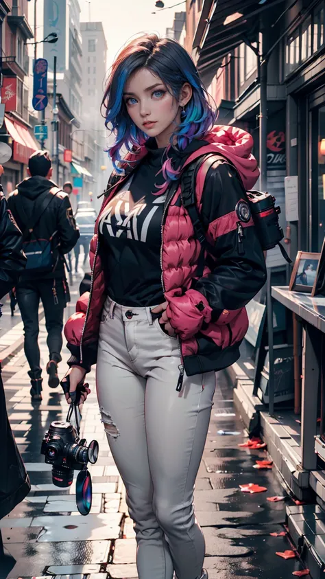  24-year-old White Woman 、 long eyelashes、 eyeshadow、 lip gloss、 Rainbow （rainbow）Hair Color、 blue eyes、 foggy skin battlefield cameraman 、 dslr camera with telephoto lens、fingertip gloves 、jacket with many pockets 、 skinny jeans、 sneakers、Camera Bags、