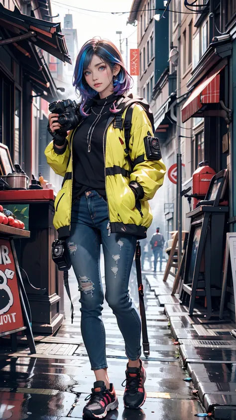  24-year-old White Woman 、 long eyelashes、 eyeshadow、 lip gloss、 Rainbow （rainbow）Hair Color、 blue eyes、 foggy skin battlefield cameraman 、 dslr camera with telephoto lens、fingertip gloves 、jacket with many pockets 、 skinny jeans、 sneakers、Camera Bags、