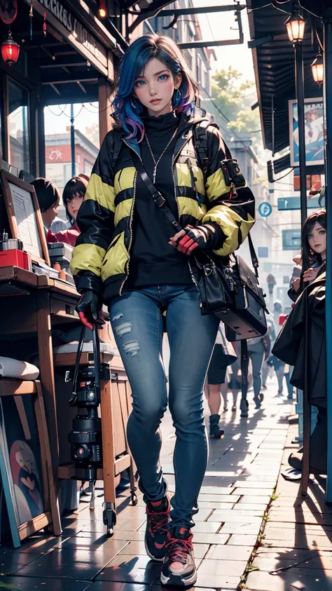  24-year-old White Woman 、 long eyelashes、 eyeshadow、 lip gloss、 Rainbow （rainbow）Hair Color、 blue eyes、 foggy skin battlefield cameraman 、 dslr camera with telephoto lens、fingertip gloves 、jacket with many pockets 、 skinny jeans、 sneakers、Camera Bags、