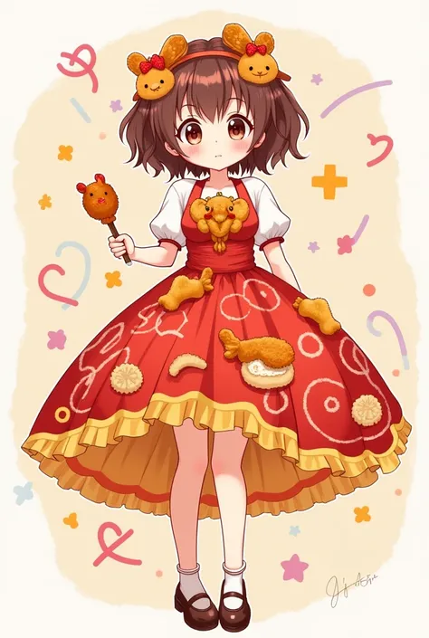 In a whimsical and imaginative anime-style illustration, a cute and sweet girl is dressed in a vibrant and creative fried chicken-themed dress. The skirt of the dress is intricately designed with spicy fried chicken elements, featuring detailed patterns of...