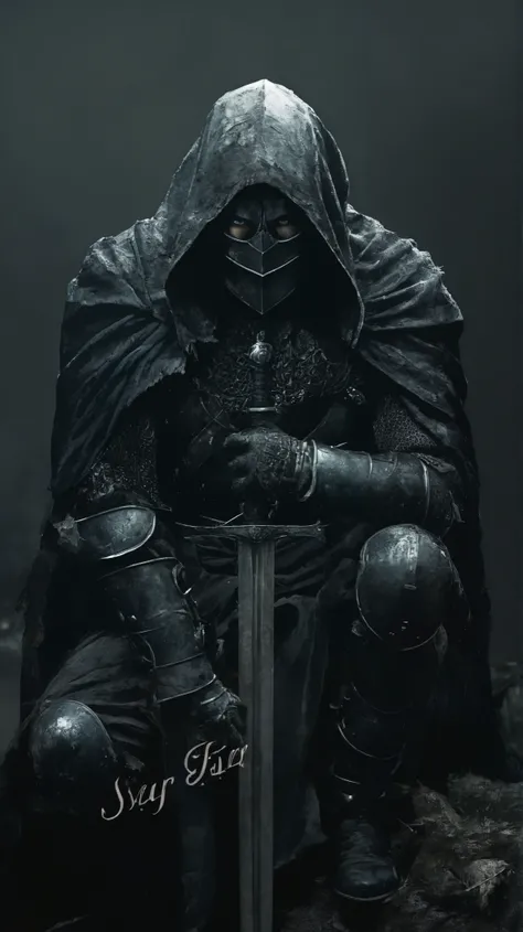 A close-up of a gothic knight, clad in intricate, battle-worn armor, kneeling solemnly on one knee with both hands resting atop the hilt handle of a massive sword planted firmly straight into the ground in the middle of the picture. His helmet, hollow-eyed...