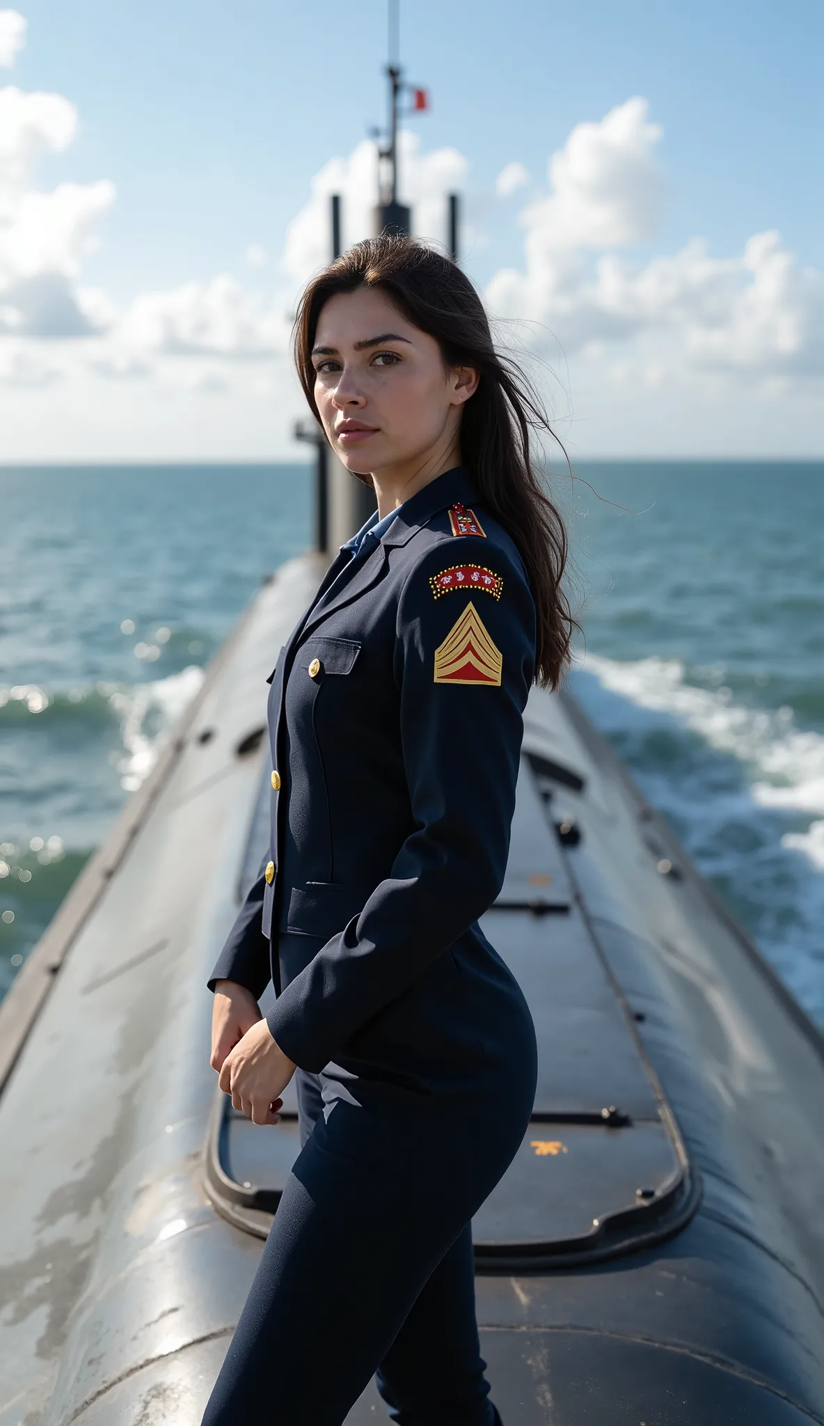 A strikingly beautiful 20-year-old Turkish woman stands with authority atop the most advanced submarine in Turkey's naval fleet as it floats on the ocean’s surface. She has an ideal, well-proportioned physique that reflects both strength and grace. Her exp...