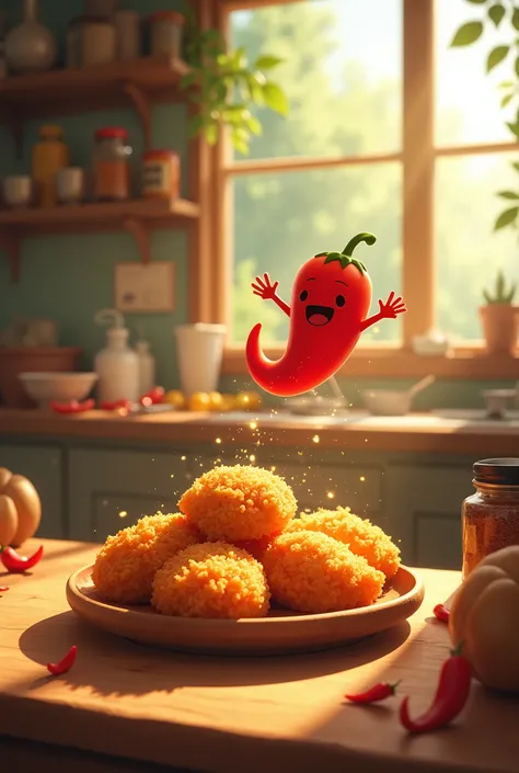 A heartwarming Studio Ghibli-style scene of "spicy fried chicken" being prepared in a cozy countryside kitchen. The fried chicken pieces are golden and perfectly crispy, sitting on a rustic wooden plate with vibrant red chili peppers scattered around. A wh...