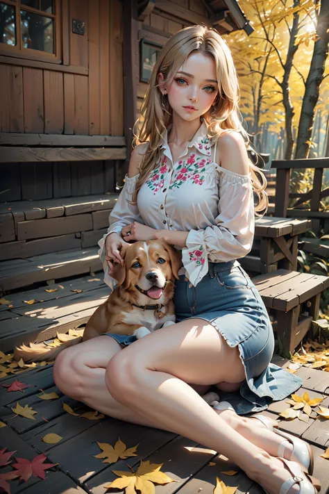 beautiful young woman, at autumn forest, yellow leaves tree, wooden cabin nearby, she is hugging puppy, BREAK, (+forehead, long hair, brown and blonde hair, 2 colored tone hair), BREAK, ( (white 3/4 sleeves collared blouse, open shoulders, floral pattern o...