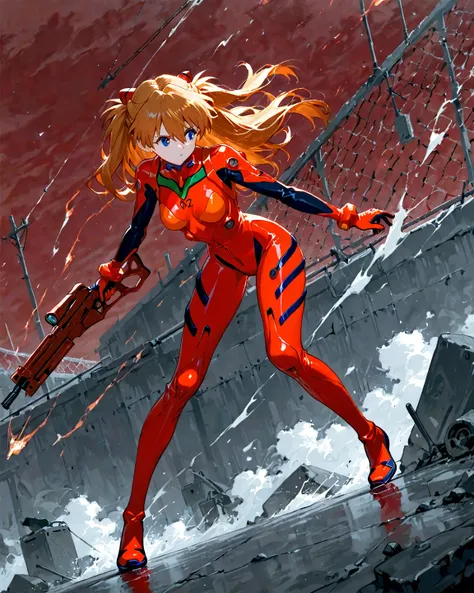 score_9, score_8_up, score_7_up, UHD, 1girl, solo, Masterpiece, UHD, Soryu Asuka Langley, full body, action painting, yubu, Neon Genesis Evangelion