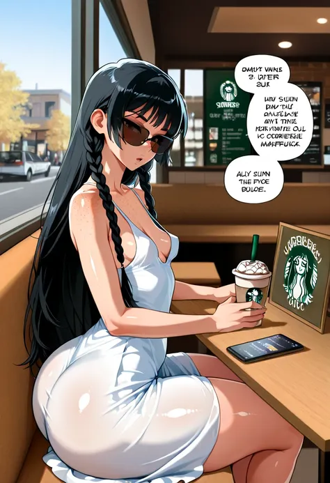 ay(s)
cartoon comic strip five panel story sex ((three college age seductive petite Chinese women)), small perky breasts, thick thighs, big ass, long black hair in braids, wearing sun dress,, sunglasses, slender waist, freckles, shiny skin, slanty eyes, si...