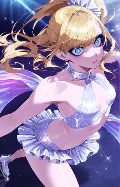 (sfw:1.5), makeup gyaru, cool beauty, solo girl ,glitter white costume, figure_skating, gold hair, high side ponytail, slender, small breast, serious, crazy eyes, perspective, from side