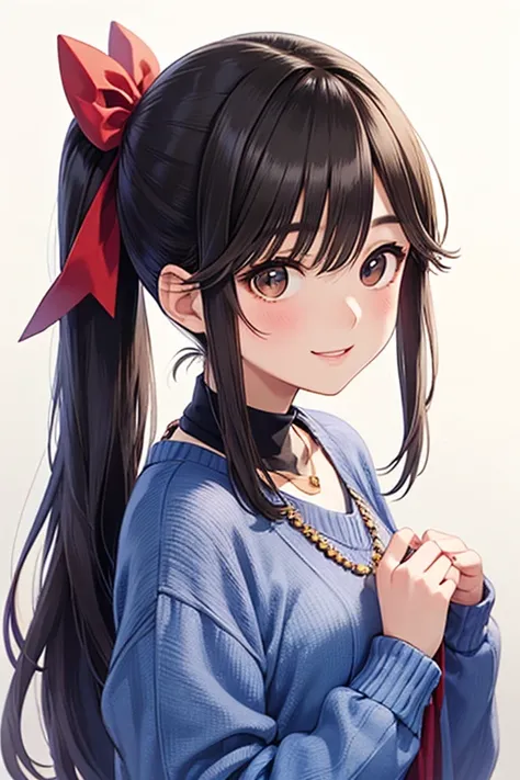 Takane Manaka, shiny brown long hair, pony tail with ribbon、beautiful brown eyes, smiling face, sparkling pupils, (fine grain), highly detailed eyes, highly detailed face, highly detailed eyes,, (masterpiece:1.2, best quality), 1 girl, cowboy shot,, 


cow...