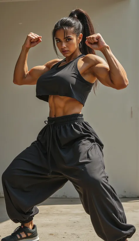  real photography，Realistic，woman，Oversized workout clothes ，karate，Fist of the North Star ，The ultimate form，8k panoramic detailed hands strong muscles muscular