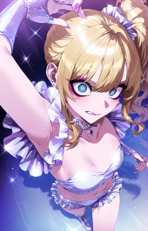 (sfw:1.5), makeup gyaru, cool beauty, solo girl ,glitter white costume, figure_skating, gold hair, high side ponytail, slender, small breast, serious, crazy eyes, biting own lip, perspective, from side