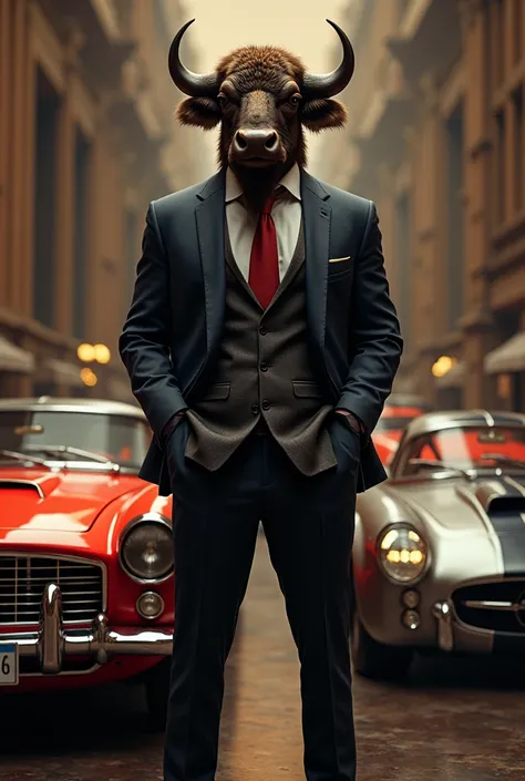 Create a Buffalo amidst luxury cars and fortune, with a stylish suit of serious shape 