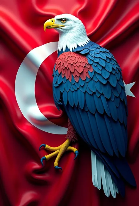  frontal view(( One Side Turkish Flag Wave-like Flow ))，(( Flag Fused in the middle of a sidewall Eagle ，Eagle Head Neck Chest Feather White ， Chest Feather Red gradient Blue Eagle ))，(( eagle's posture detail ,color,Yellow paw ," Right wing Feather Red-wh...