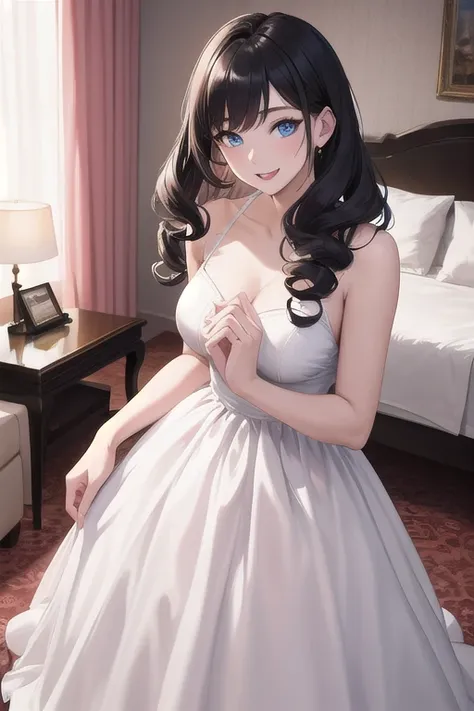  top quality、 Masterpiece、 high res、Fine Lines、 High precision、24 year old adult woman 、 slender figure、Curly Hair、 Hair、 blue eyes、Pale lips、smile、、 pink luxury party dress、fluffy party dress 、 modern hotel room、hands together, pray,relaxed,from the front