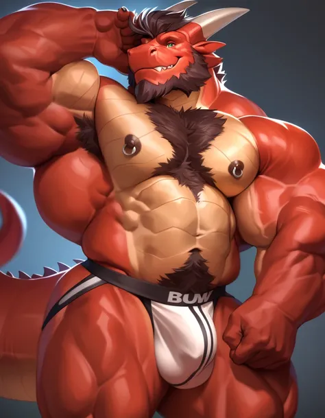 solo, 1boy, Muscular furry red dragon, smile, intimidate smile, strong jaw, old, bearded, detailed face, detailed eyes, wide shoulder, thick arms, wide pectoral, massive muscle, short hair:1.2, detailed eyes, focus eyes, huge pec, jockstrap, bulge muscle, ...