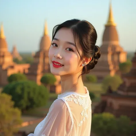 Jisoo photorealistic in the background of myanmar bagan temples,sunny, clear weather ,