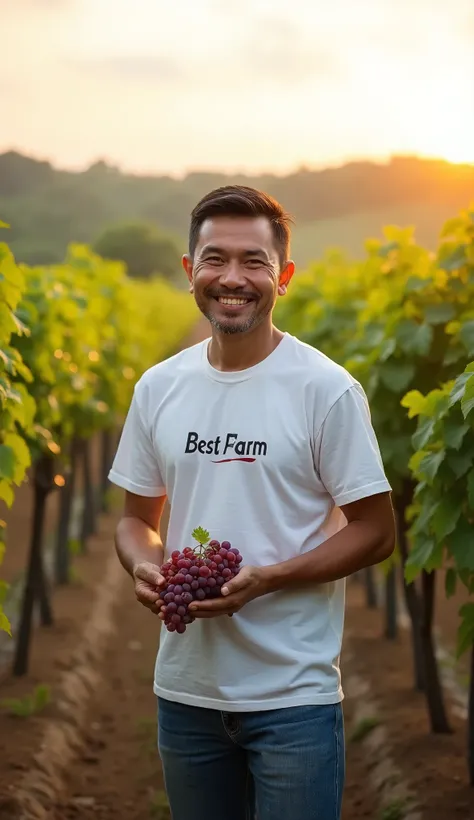 a 33 year old Indonesian man, olive skin color, short hair combed back, wearing a white t-shirt that says BEST FARM and wearing long blue jeans, holding grapes in a vineyard while smiling in front of the camera.