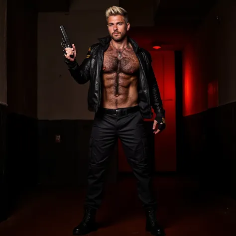 Detailed photo, hyper realistic, full body shot, Gay policeman, blond and handsome, 30 years old American, scruffy looks, raising one eyebrow, body covered in dense black hair, body covered in dense sweat, wet hairy chest, wearing, open black leather polic...