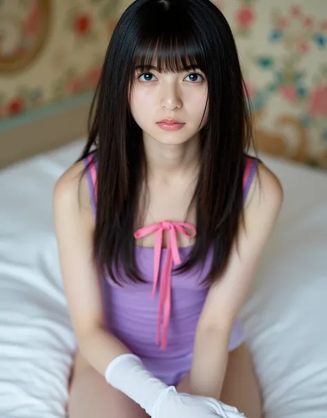 Facial close-up, Asuka, a portrait of a young Asian woman sitting on a bed. She has long dark hair with bangs and is wearing a purple tank top with a pink ribbon tied around the neck. now-white body, cleavage. She is also wearing white gloves. She looked a...