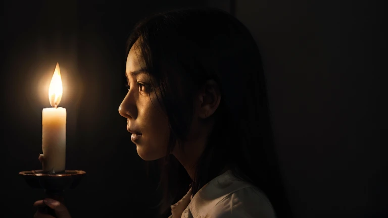 
**"A 26-year-old Indonesian woman stands in a dark room, holding a lit candle while facing sideways. The candlelight softly illuminates her profile, casting deep shadows. She has long black hair, wears a simple blouse, and has a solemn expression. The bac...