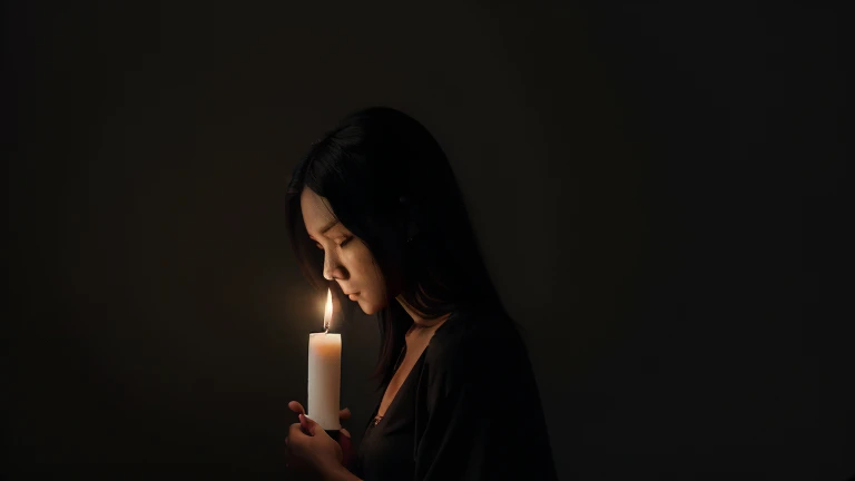 
**"A 26-year-old Indonesian woman stands in a dark room, holding a lit candle while facing sideways. The candlelight softly illuminates her profile, casting deep shadows. She has long black hair, wears a simple blouse, and has a solemn expression. The bac...