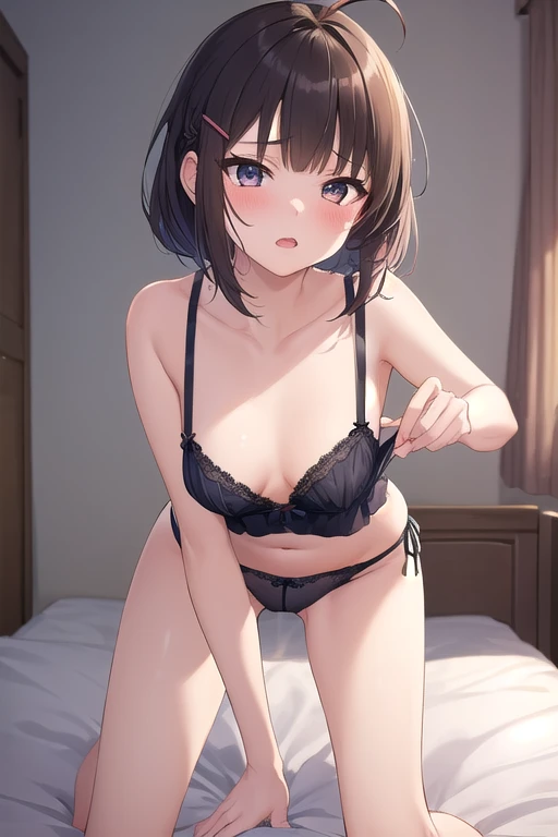 ((top quality)), ((masterpiece)), (Details),  1 girl。blunt bangs。Short Hair。braided ponytail。ahoge。Cute hair clip。 look so young。 small breasts。(moving composition)。 Girls' Room。 bed。 bra and panties 。pussy juice spills。 masturbates。 on all fours。 open leg...