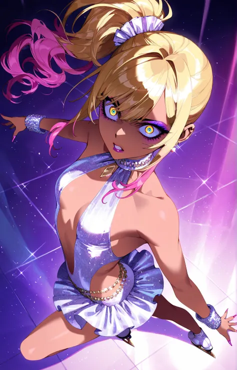 (sfw:1.5), makeup gyaru, cool beauty, solo girl, light skin, glitter white costume, extreme figure_skating, gold hair, high side ponytail, slender, small breast, serious, crazy eyes, parted lips, perspective, from above