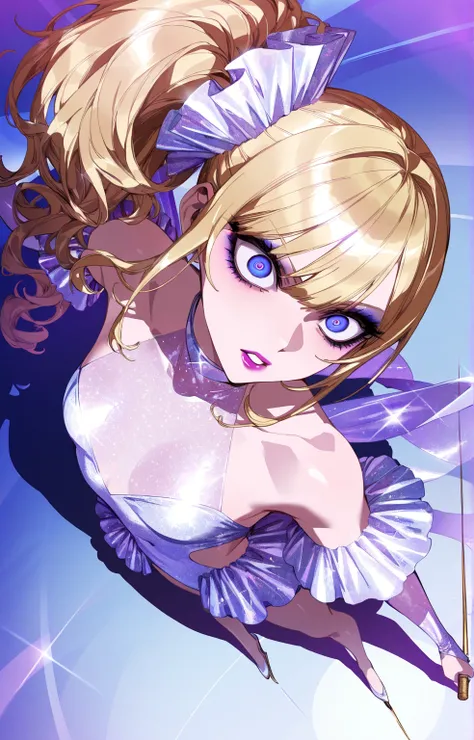 (sfw:1.5), makeup gyaru, cool beauty, solo girl, light skin, glitter white costume, extreme figure_skating, gold hair, high side ponytail, slender, small breast, serious, crazy eyes, parted lips, perspective, from above