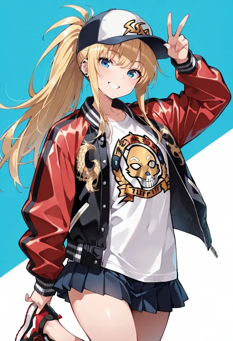 ((masterpiece, best quality, ultra detailed, high resolution, beautiful detailed face, beautiful detailed eyes, perfect hands)), (1 girl, solo), (blonde long hair, ponytail), (sukajan, souvenir jacket, print t-shirt, miniskirt), (sneakers, baseball cap, ea...