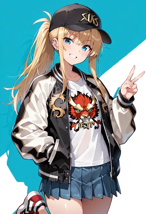 ((masterpiece, best quality, ultra detailed, high resolution, beautiful detailed face, beautiful detailed eyes, perfect hands)), (1 girl, solo), (blonde long hair, ponytail), (sukajan, souvenir jacket, print t-shirt, miniskirt), (sneakers, baseball cap, ea...