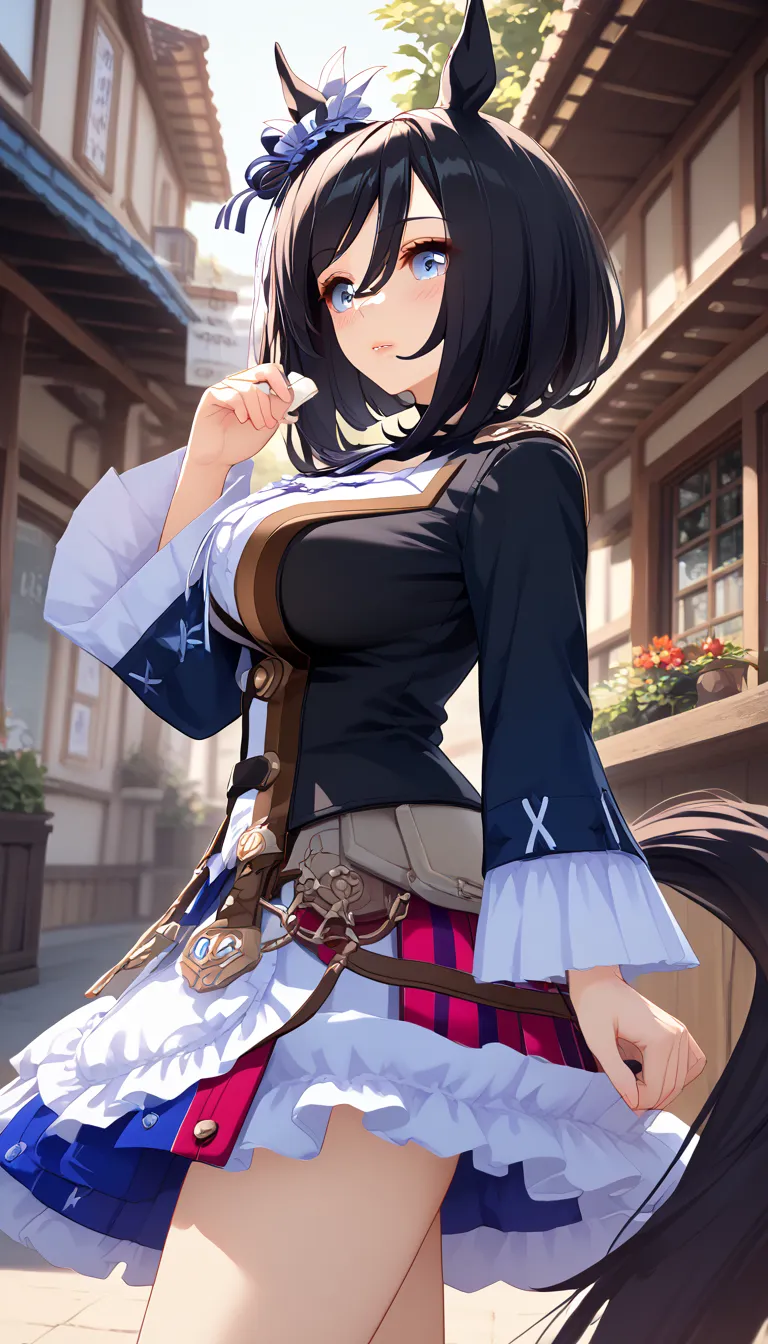 nsfws,(((eishin flash))),umamusume, horse girl, single earring,horse tail,black hair,Beautiful Woman ,red eyes,  I'm embarrassed, blush),beautiful lips,  very detailed目と顔,  long eyelashes,  beautiful big breasts, Beautiful Kurodan ,  perfect face,  perfect...