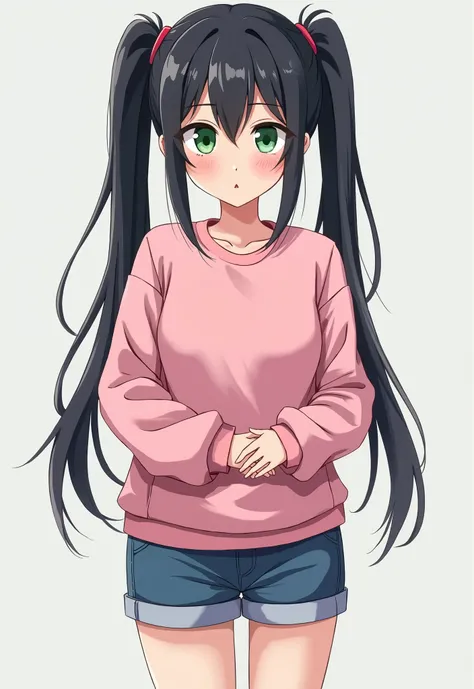  create an anime-style woman ,  with long black hair, with a double ponytail,  green eyes,  standing,  looking at the viewer, wearing a pink sweatshirt,  short blue shorts,  with your hands on your waist