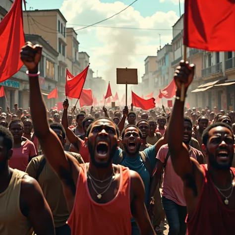 A highly detailed, ultra-realistic 4K cinematic digital painting of a massive protest in Haiti. Thousands of men, women, and young people march through the streets, their faces filled with anger, frustration, and determination as they protest against insec...