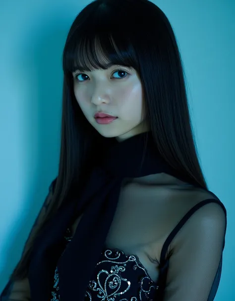 Facial close-up, Asuka, The image is a portrait of a young woman with long straight hair and bangs. She is wearing a black dress with a sheer neckline and a black scarf tied around her neck. The dress is made of a sheer fabric with small silver sequins tha...