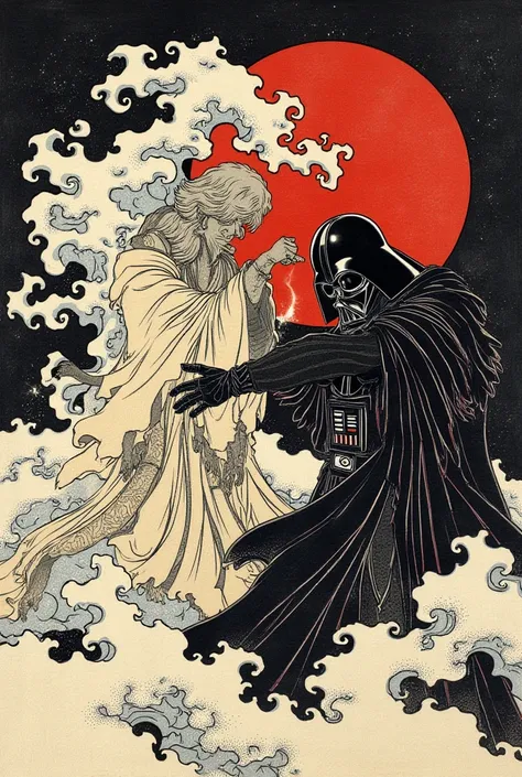 an ukiyo-e depiction of a darth vader ghost fighting against a jedi luke skywalker warrior. both have japanese motif of curly cloud swirling on their body.