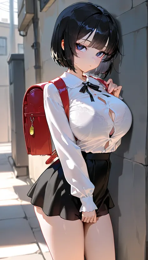 ((  top quality )), (( masterpiece)), (  Details),   girl,   short black hair mini skirt,   BOB CUT,    Stares at Viewers  , Big Breasts, slender, (  blouse),   button gap ,faintly visible bra  ,  randoseru,  beautiful skin, nsfw, alley