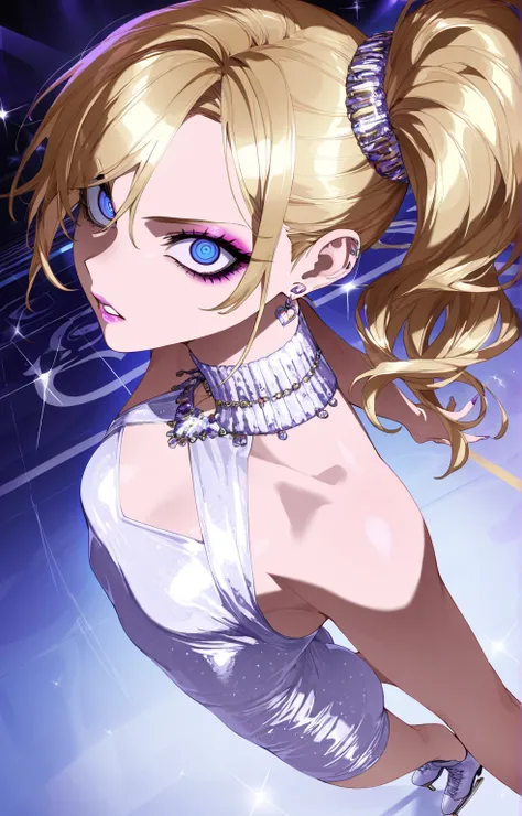 (sfw:1.5), makeup gyaru, cool beauty, solo girl, light skin, bee_wing glitter white costume, extreme figure_skating, gold hair, high side ponytail, slender, small breast, serious, crazy eyes, parted lips, perspective, from above | from side,