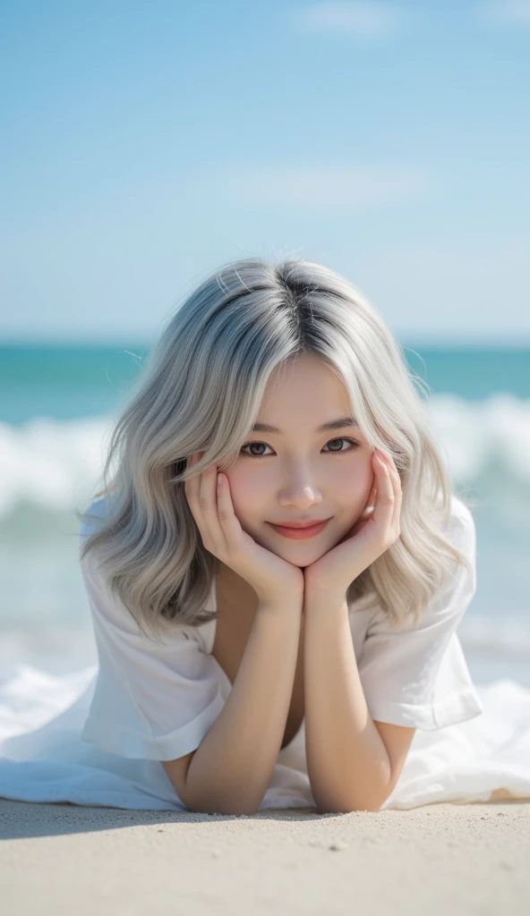  Japanese girl with silver hair who has beautiful white skin、A beautiful, delicate body with white skin、The height is petite and the waist is thin、 wavy medium hair、 in a white blouse、naked、Beautiful small face 、 D cup breasts、No tattoos 、 don't grow pubic...