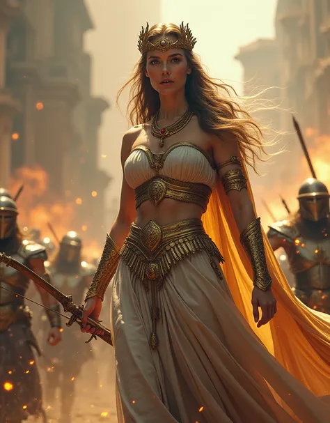 Ultra-detailed, photorealistic, Artemis in the midst of a divine battle, her ancient goddess attire a flowing tunic of silver and gold, with an embroidered cloak of armor and shields. Her hair is adorned with a crown of laurel leaves and a diadem of gold a...