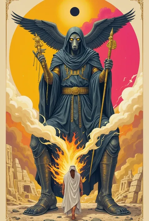 Tarot Card: Death – Anubis, Guardian of Transformation
Anubis, the Egyptian god of the afterlife, stands tall, his jackal eyes glowing with divine wisdom. Cloaked in dark robes, he holds the Was scepter in one hand and the Ankh in the other—symbols of endi...