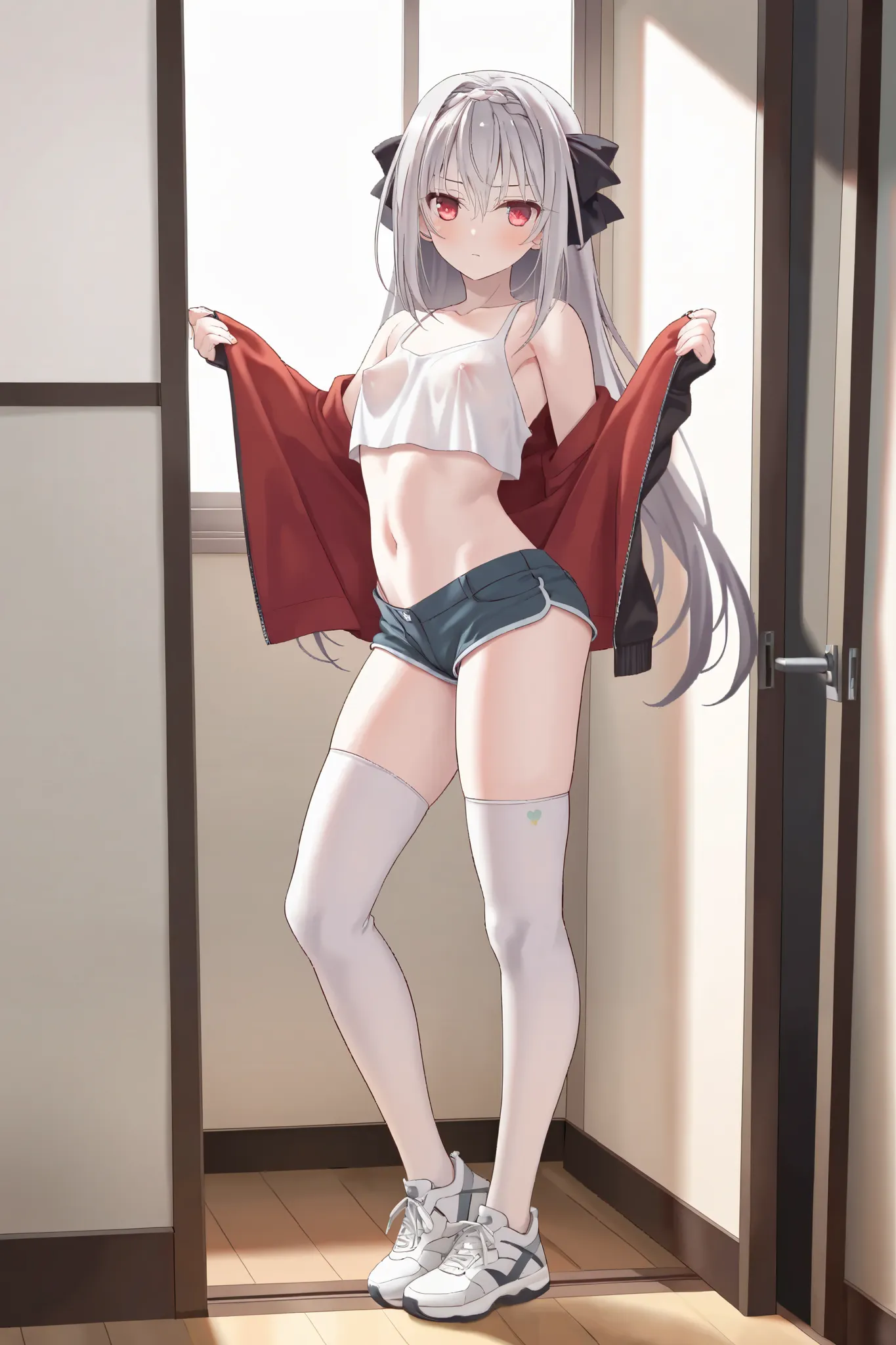 NSFW, Masterpiece, top quality, high res, very detailed, Sakurakouji Luna \(Tsuki ni yorisou otome no sahou\), gray hair, long hair, red eyes, small tits, jacket, crop top, shorts, knee-high socks, sneakers, downtown