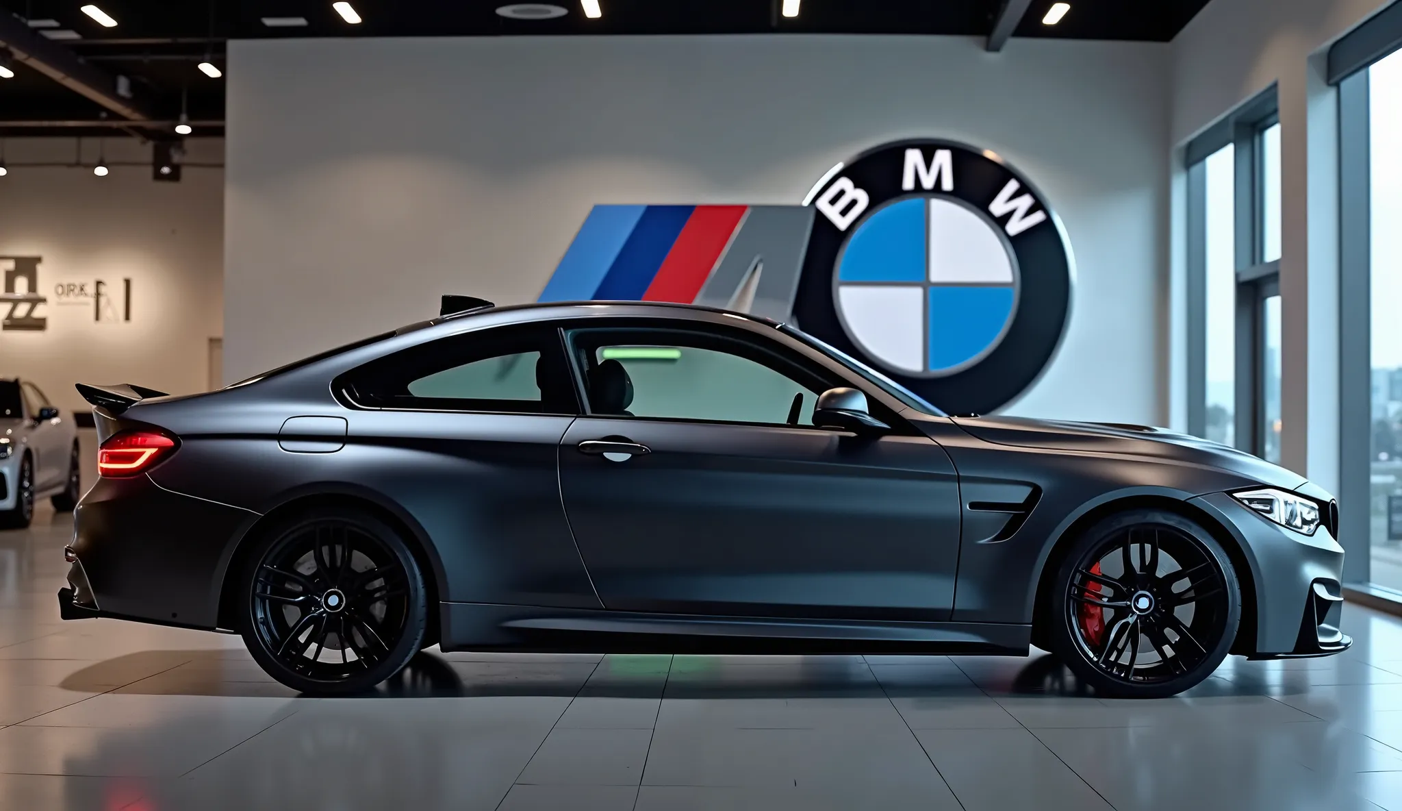 **"A high-resolution, ultra-sharp, and fully detailed side profile view of the 2025 BMW M4 Competition. The car is finished in a stealthy matte black color, with soft yet realistic reflections that emphasize its aggressive and aerodynamic side profile. The...